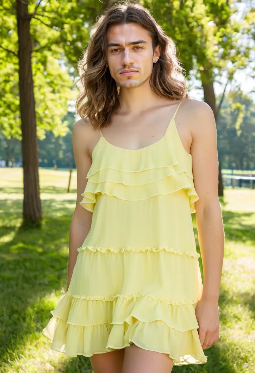 man wearing a pale yellow ruffled mini dress with layered chiffon ruffle hem