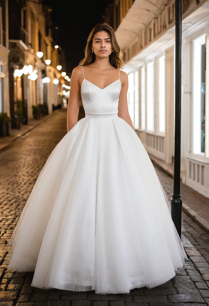 A man wearing a striking white tulle ball gown skirt with a fitted satin bodice, voluminous multi-layered skirt on an empty wet night street