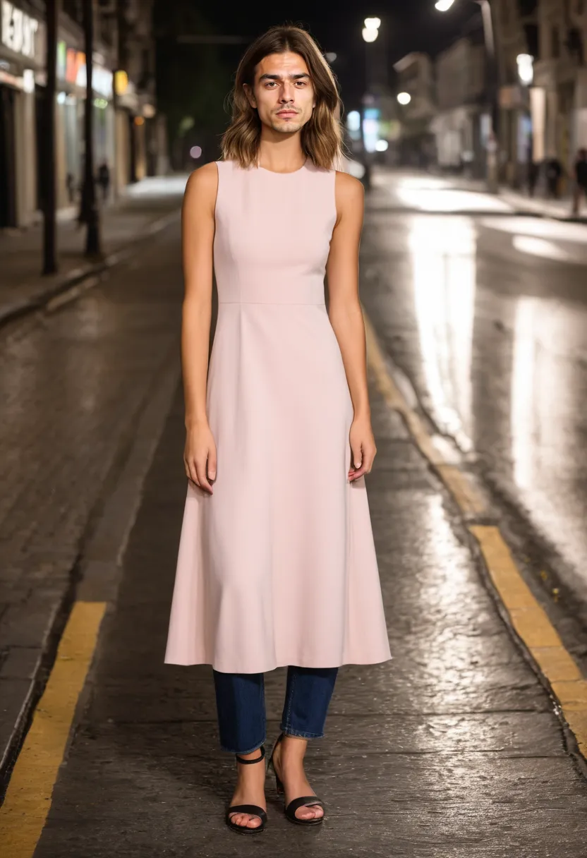 A boy wearing a versatile soft pink A-line dress in smooth crepe fabric with clean minimal design