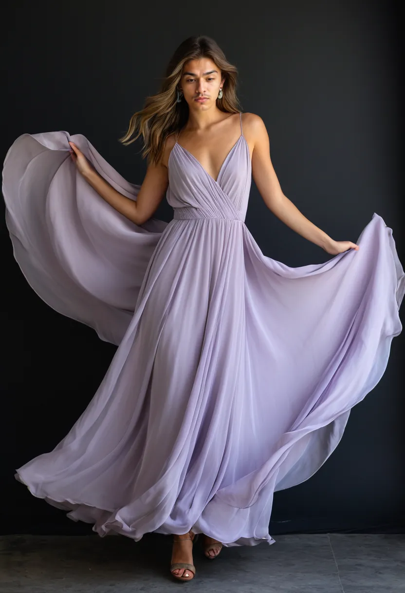 Feminine photoshoot pose with a boy in lavender chiffon, the full skirt caught mid-swirl against a neon studio backdrop