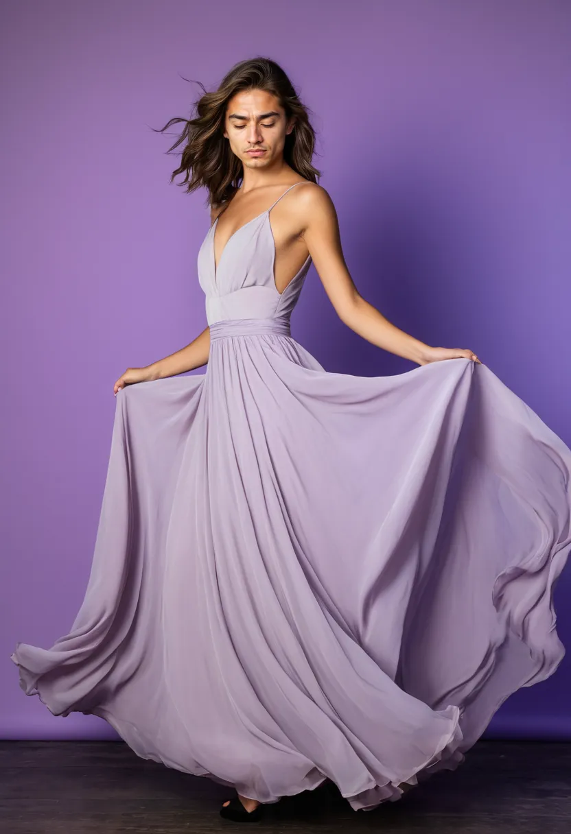 Boy in a natural expressive pose wearing a flowing pale lavender chiffon dress, the fabric swirling with the movement and the wide skirt in motion