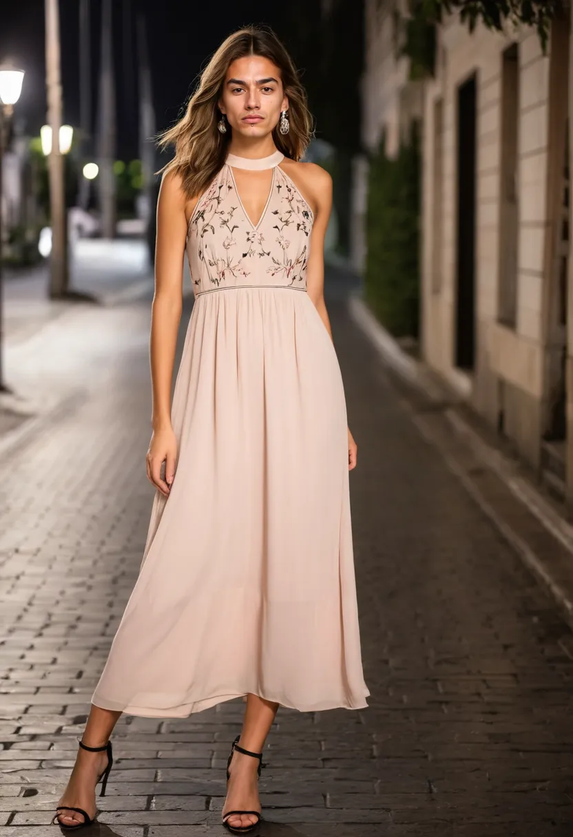 Lightweight blush midi dress with romantic floral detailing styled for a pretty boy aesthetic