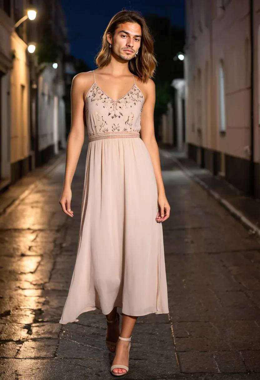 Chiffon blush dress with floral neckline embroidery photographed on a wet night street