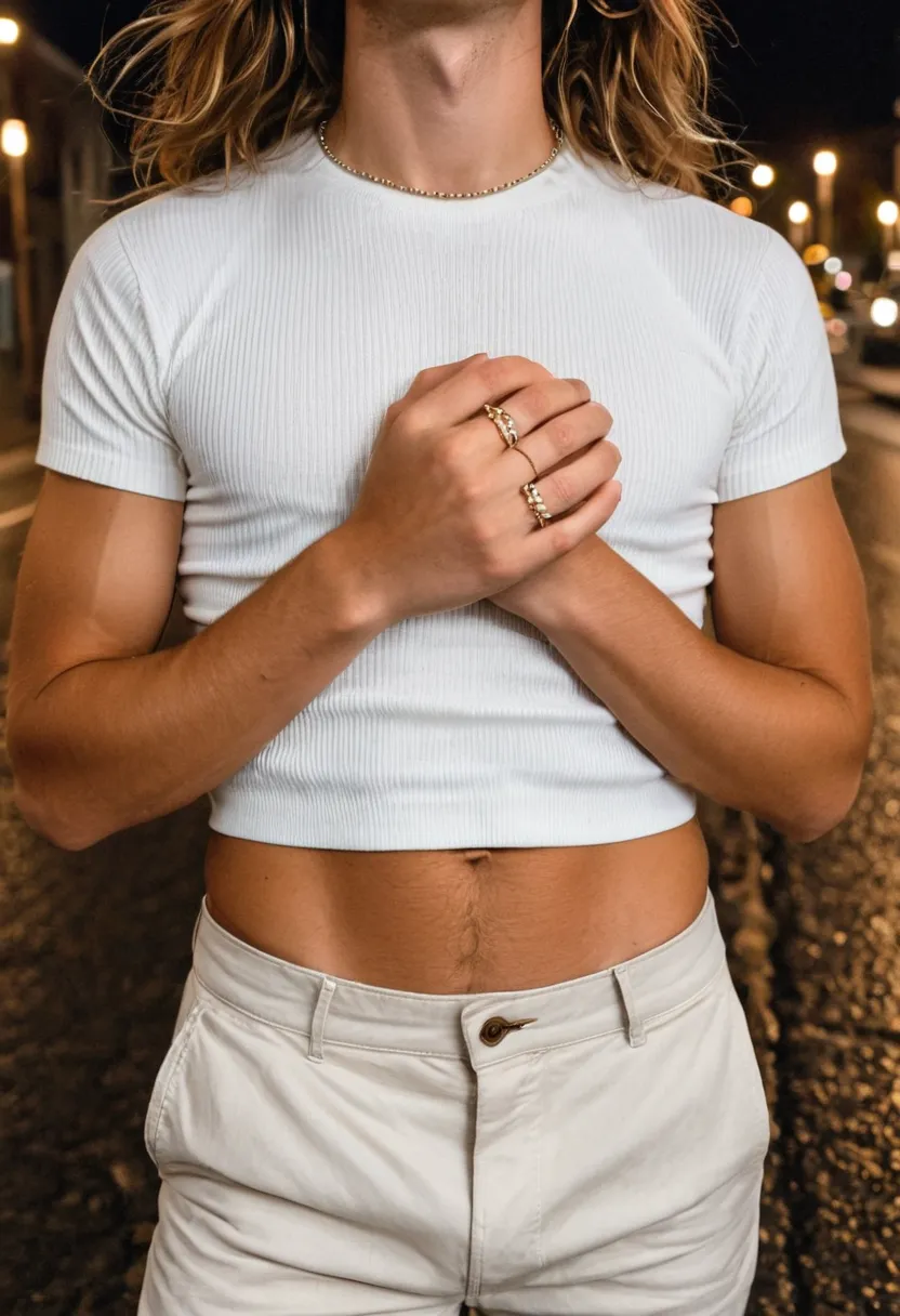 Layered delicate rings on a man's hand worn with a white crop top under night street lighting