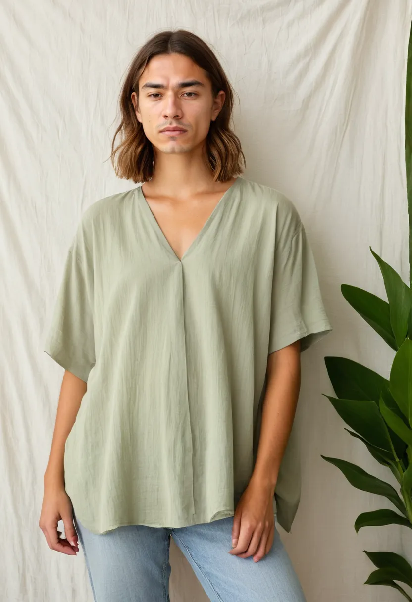 Oversized sage green blouse with relaxed cut and minimal design against green leaf wall