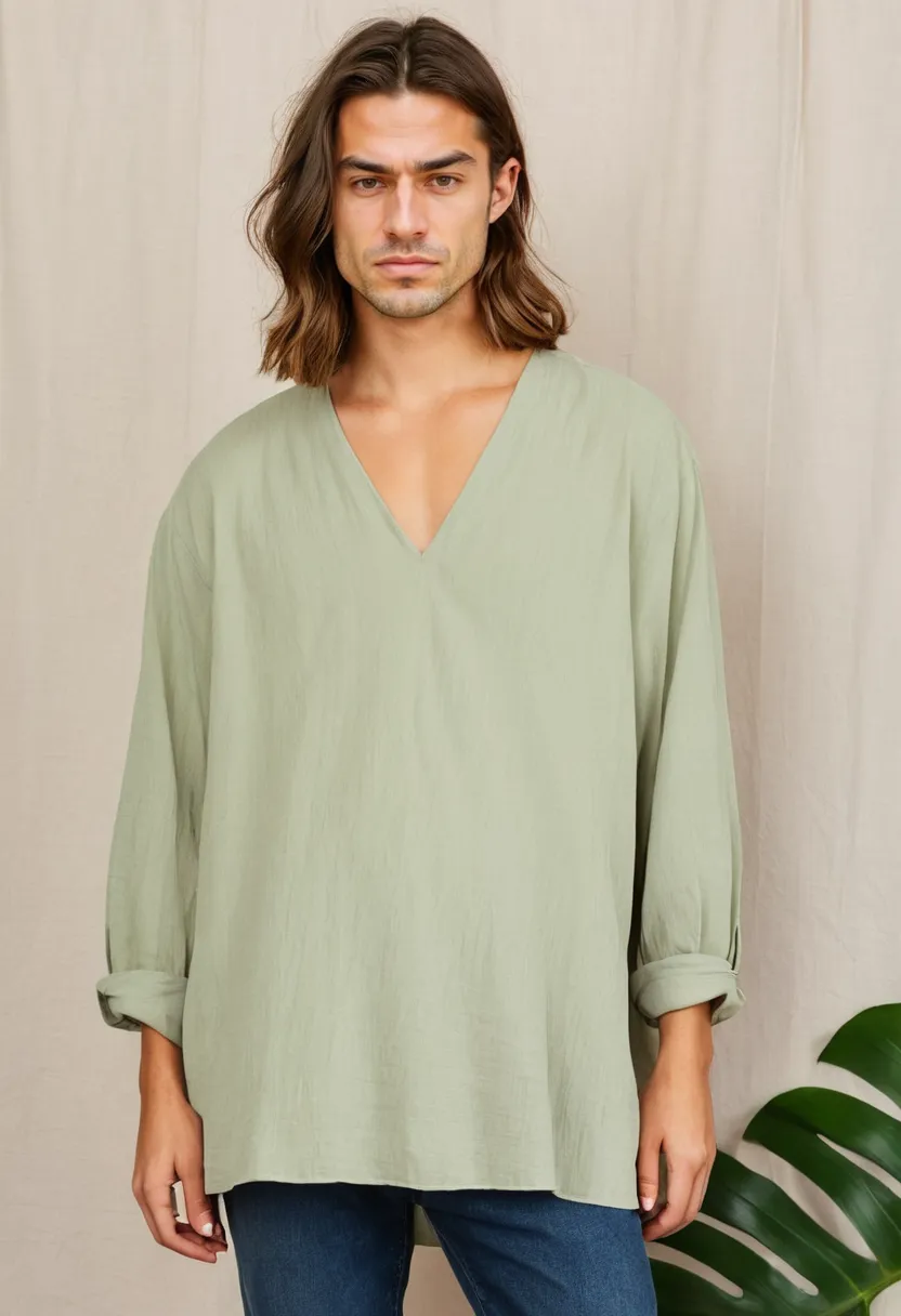 Relaxed feminine top for men in sage green with lightweight woven fabric and gentle drape
