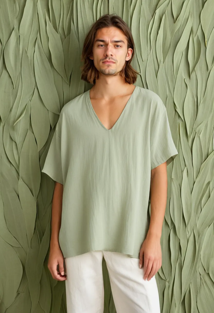 Man wearing oversized soft sage green blouse with wide V-neckline and soft vertical folds