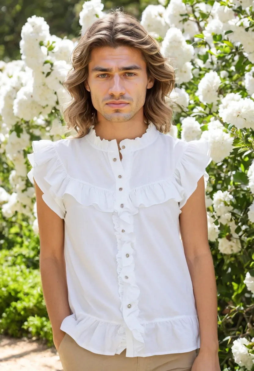 Man in white cotton blouse featuring double front placket ruffle detail, relaxed silhouette with crisp yet soft fabric and clean minimal styling