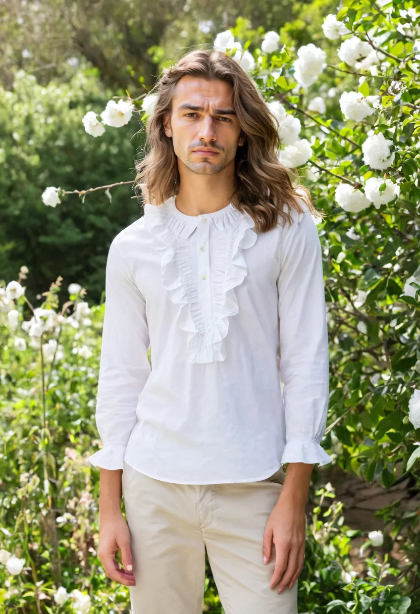 Man wearing simple white lightweight cotton ruffled blouse with double ruffle down center front placket, relaxed fit with clean lines and crisp soft fabric in garden setting