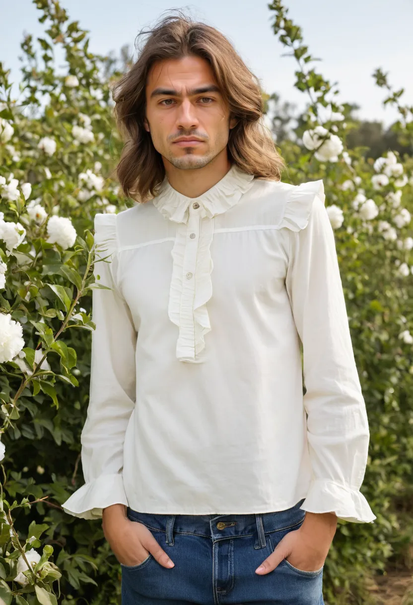 man wearing a modern off-white frilly blouse with subtle ruffle detailing at the collar and cuffs, clean minimal cut