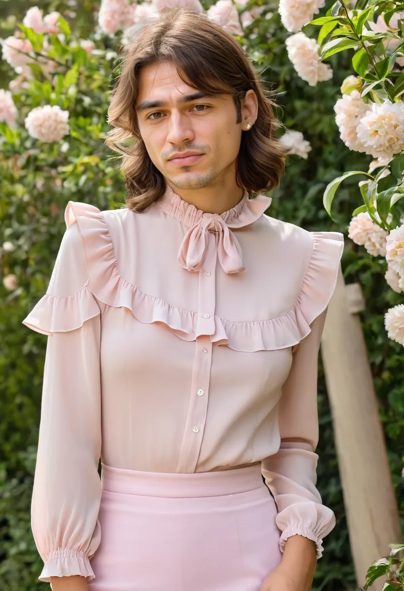 Man in soft pink crepe ruffled blouse tucked into high-waisted skirt, featuring collar and cuff ruffles in slightly sheer fabric, fitted waist silhouette