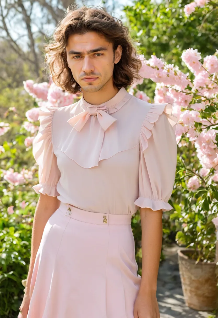 Man wearing soft pink ruffled blouse tucked into high-waisted skirt, lightweight crepe fabric with small ruffles at collar and sleeve cuffs, fitted waist with slightly sheer flutter details