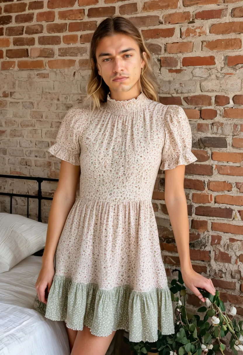 A man wearing a full floral prairie dress with high collar and ruffled hem, photographed against exposed brick.