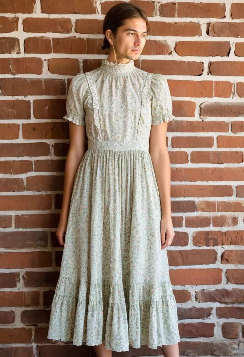 A man in a dusty rose and sage floral prairie dress with ruffled hem and lace neckline in an industrial loft setting.