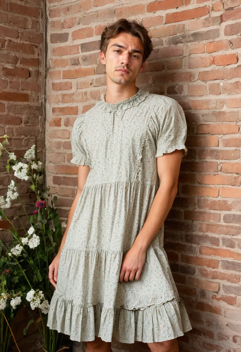 A man wearing a full cottagecore look with a floral prairie dress in soft cotton, ruffled hem, high collar, delicate lace at the neckline, and a small floral print in dusty rose and sage, against an industrial brick wall.