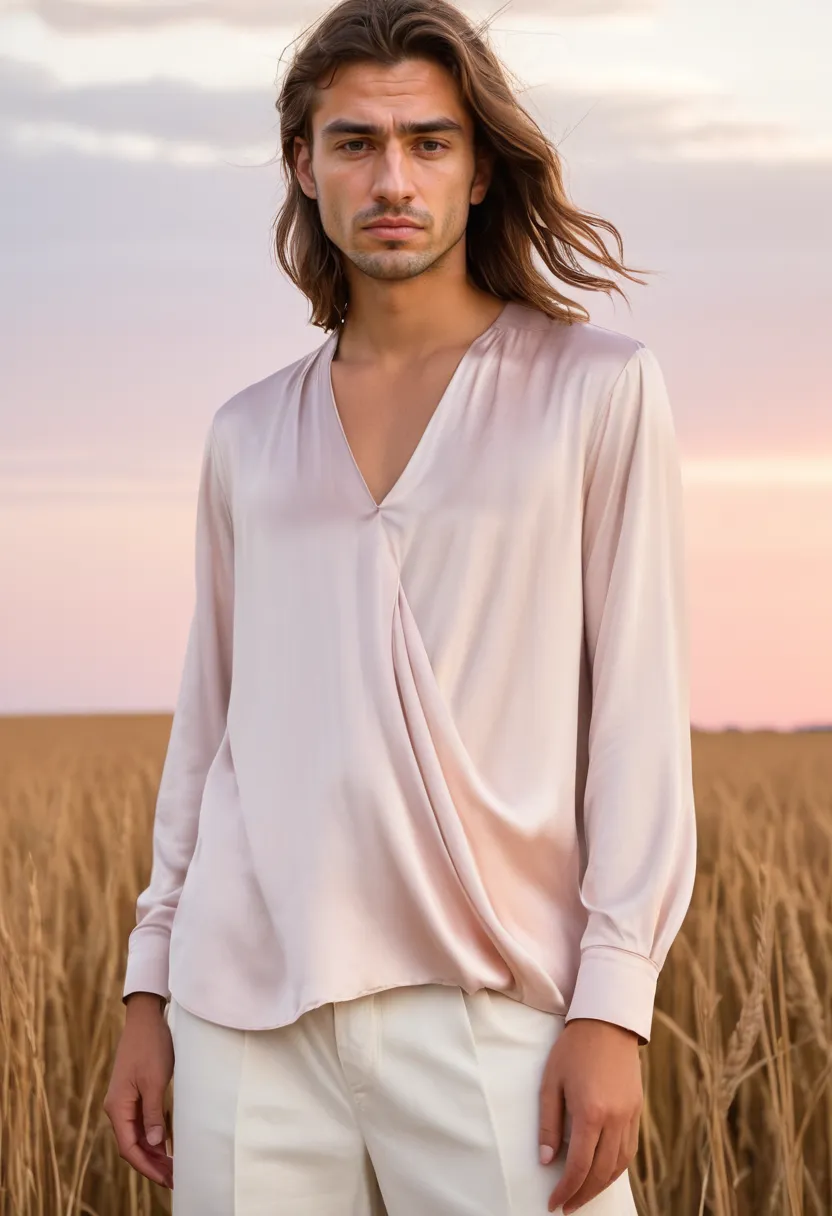 Close-up of powder pink satin with gentle pearlescent sheen and V-neckline detail