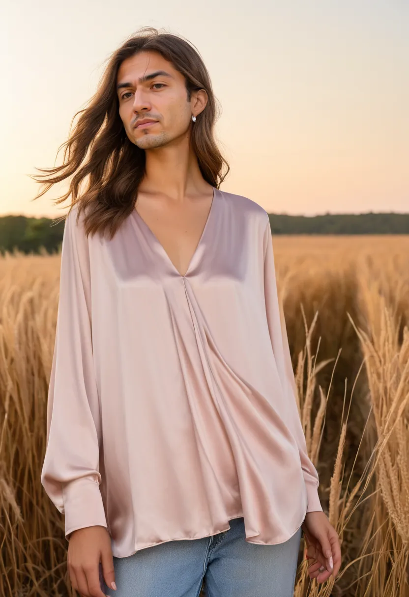Powder pink liquid-smooth satin blouse showing long cascading drapes on male model