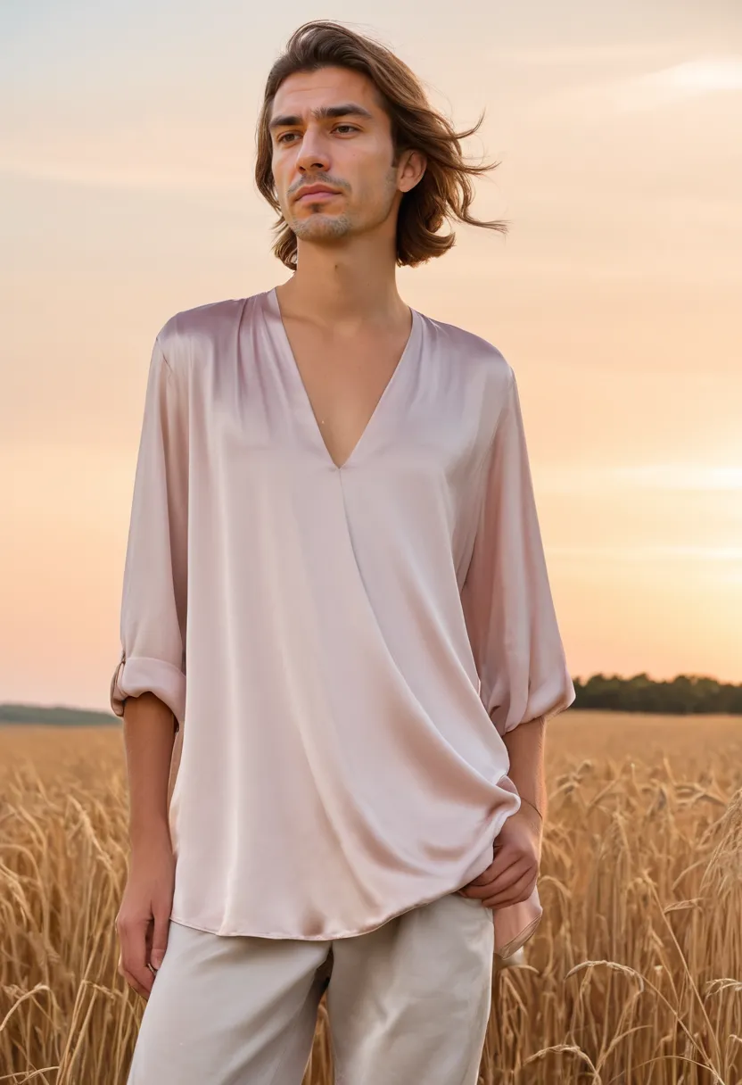 Man wearing a soft powder pink satin blouse with pearlescent sheen and flowing drape