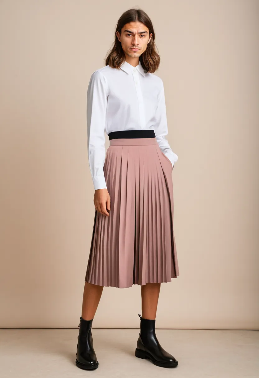 Man wearing a school-appropriate dusty rose pleated midi skirt with a fitted white cotton blouse