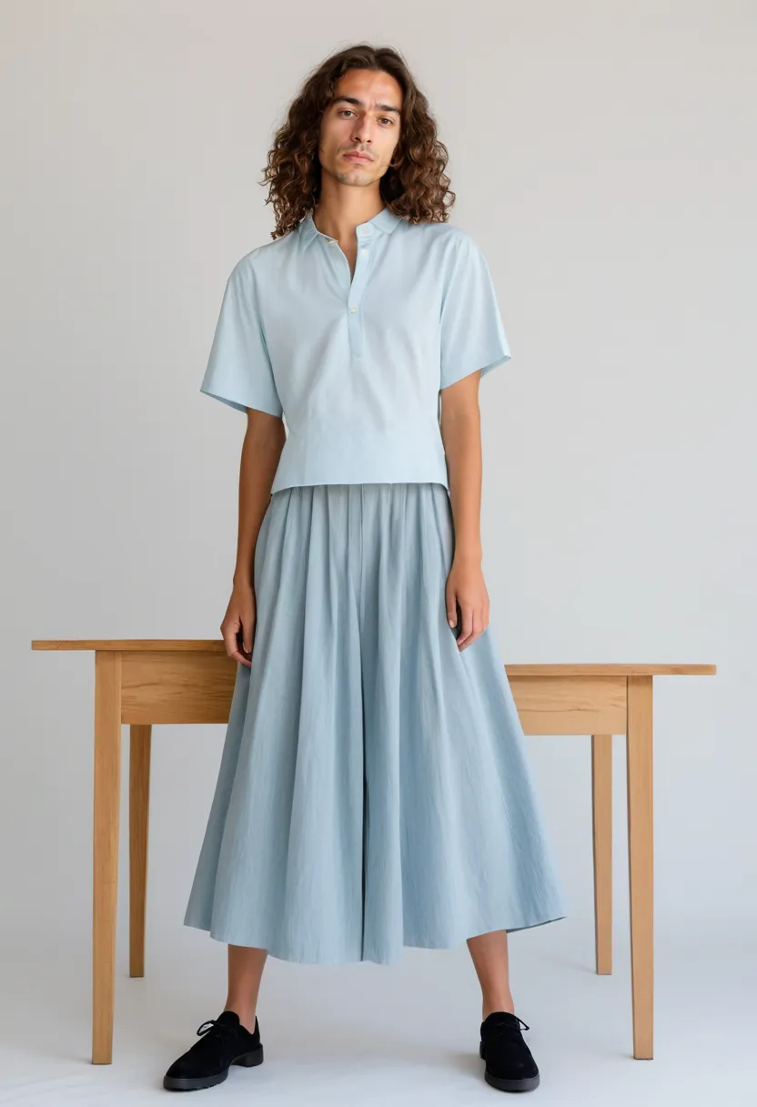 Boy in a pale blue cotton blouse and flowing white midi skirt, gentle feminine school style