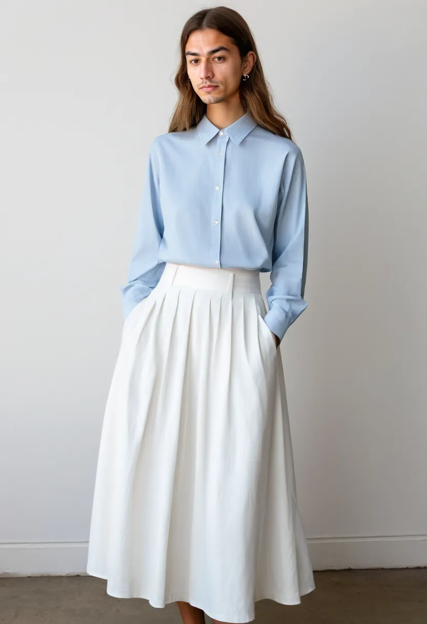 Boy wearing a pale blue cotton blouse with a flowing white midi skirt, gentle and thoughtful