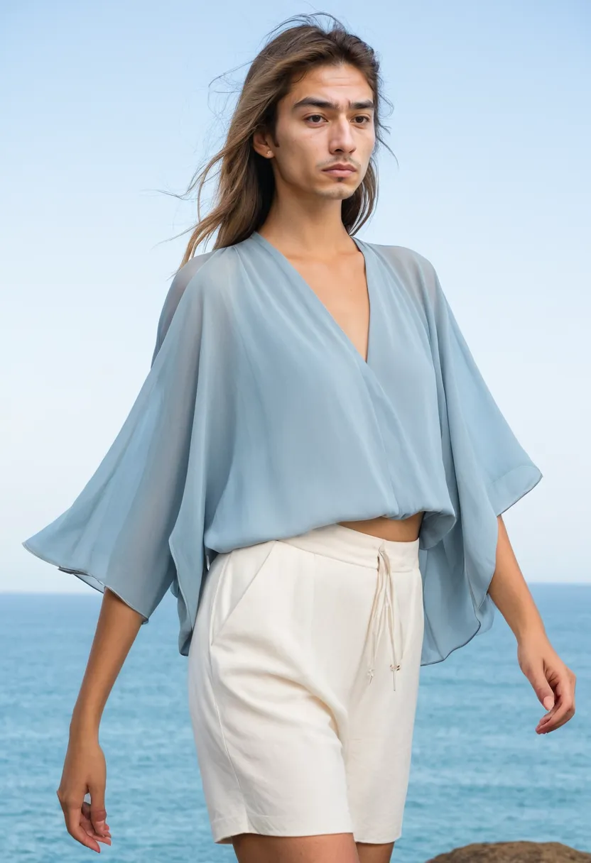 man in sky blue chiffon blouse with wide flowing sleeves that float and move, sheer iridescent fabric layered over fitted underlayer against ocean backdrop