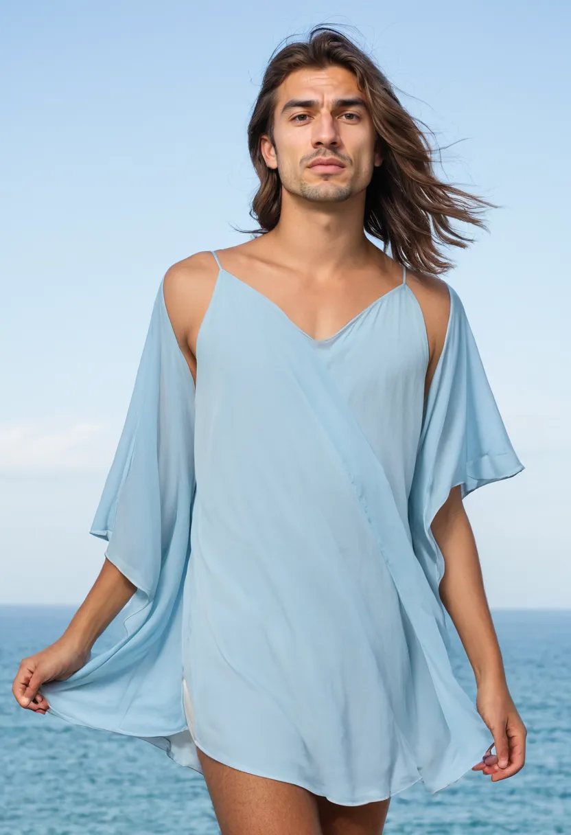 man wearing a flowy soft sky blue chiffon blouse with wide kimono-style sleeves draping off shoulders, sheer lightweight fabric with subtle iridescence billowing over fitted slip