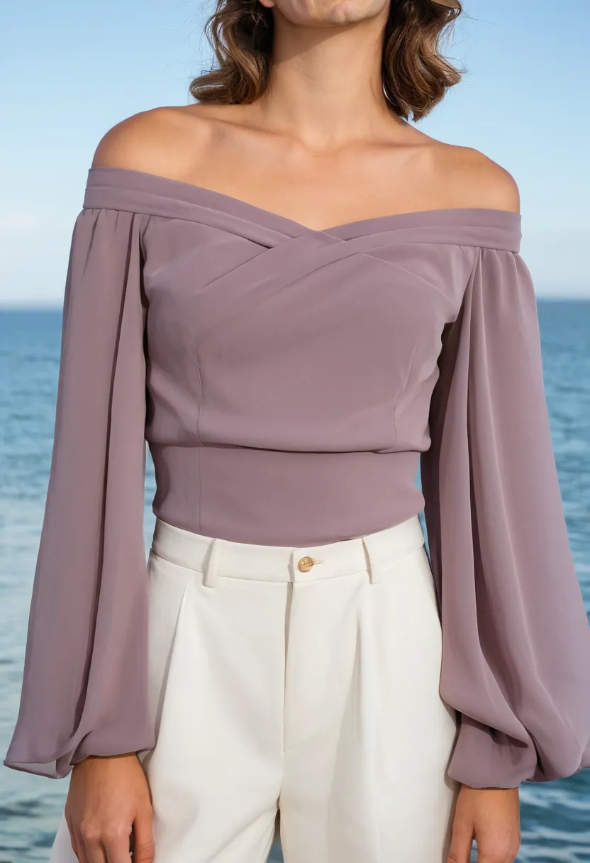 Dusty mauve chiffon off-shoulder blouse with wide sleeves, fabric floating away from the body in soft folds, portrait collar neckline