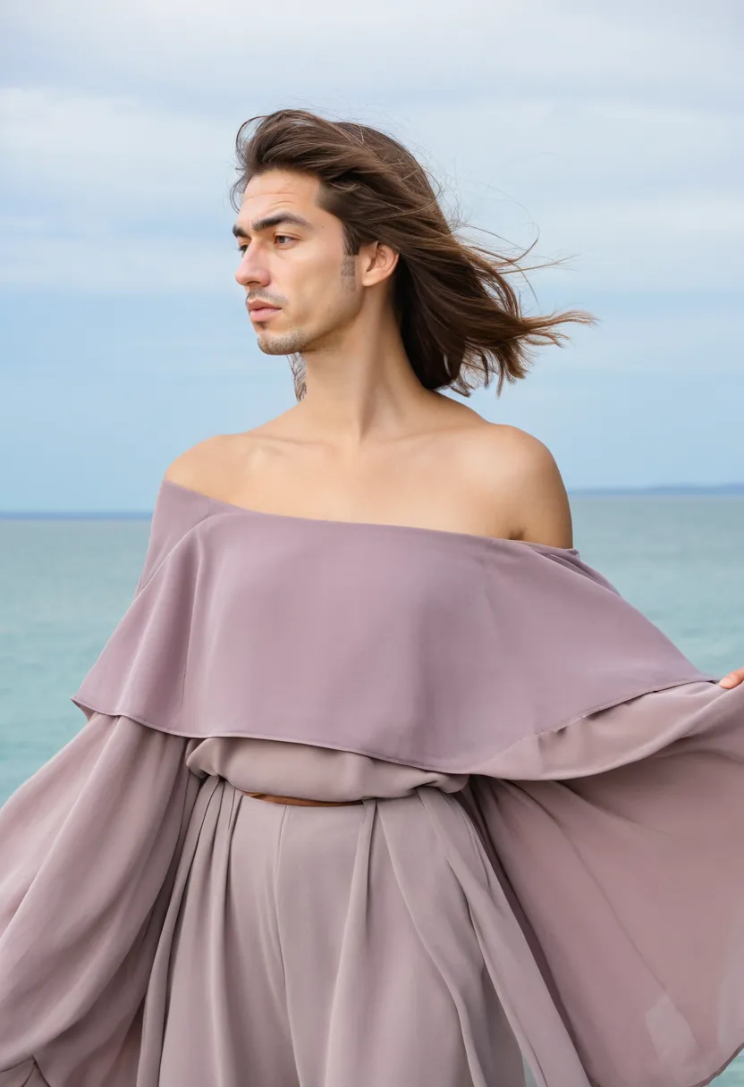 A man wearing an elegant off-shoulder blouse in dusty mauve with a wide folded neckline creating a soft portrait collar, lightweight chiffon fabric with wide sleeves draping gracefully