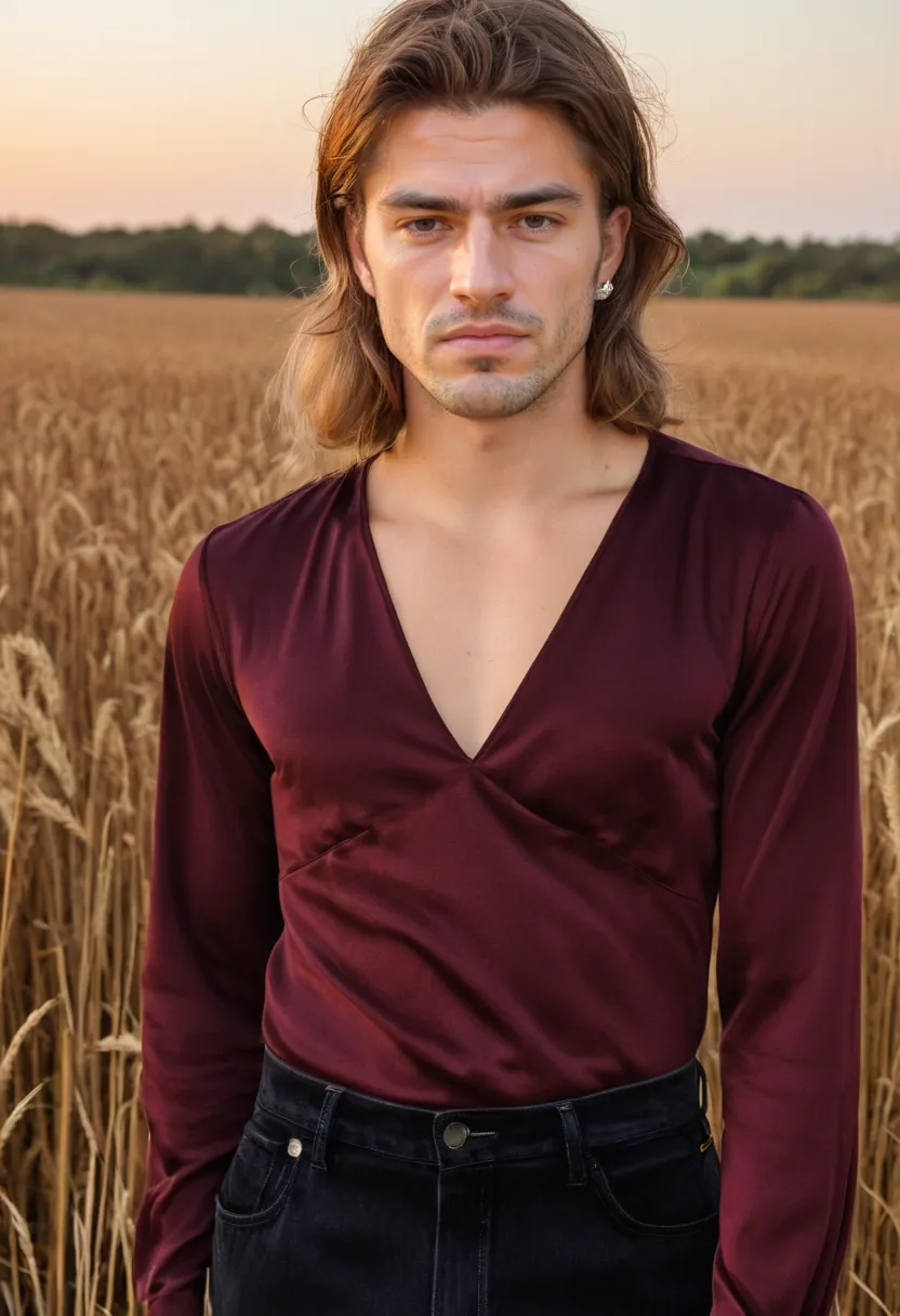 Deep burgundy matte satin blouse showing subtle sheen only at fabric folds on male model