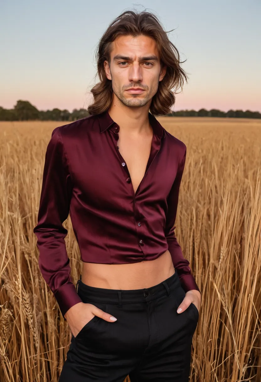 Man wearing a matte satin blouse in deep burgundy with velvety surface and structured silhouette