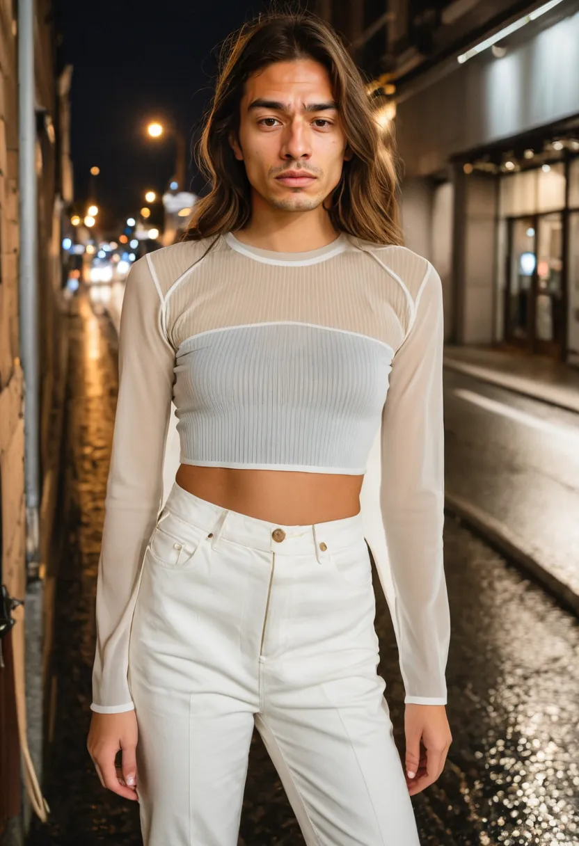 Sheer chiffon blouse layered over ribbed knit base in soft man aesthetic ensemble