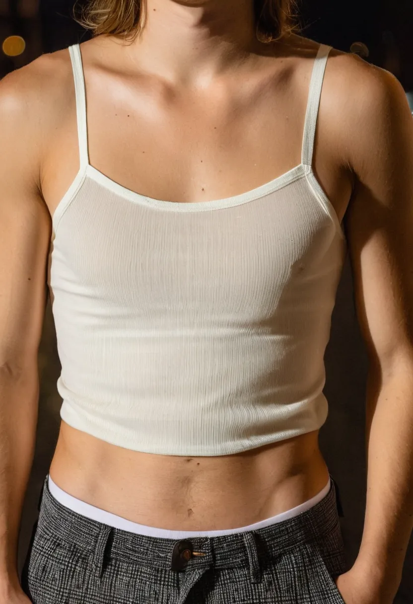 Boy wearing sheer ivory chiffon blouse over fitted ribbed crop top in soft layered textures