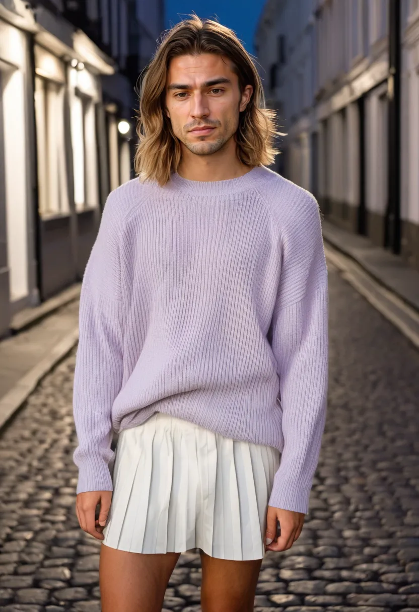 Man wearing an oversized pastel lavender knit sweater tucked into an ivory pleated mini skirt on a wet night street