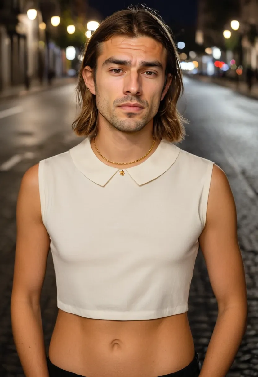 Ivory blouse with delicate gold chain necklace in soft man accessory styling