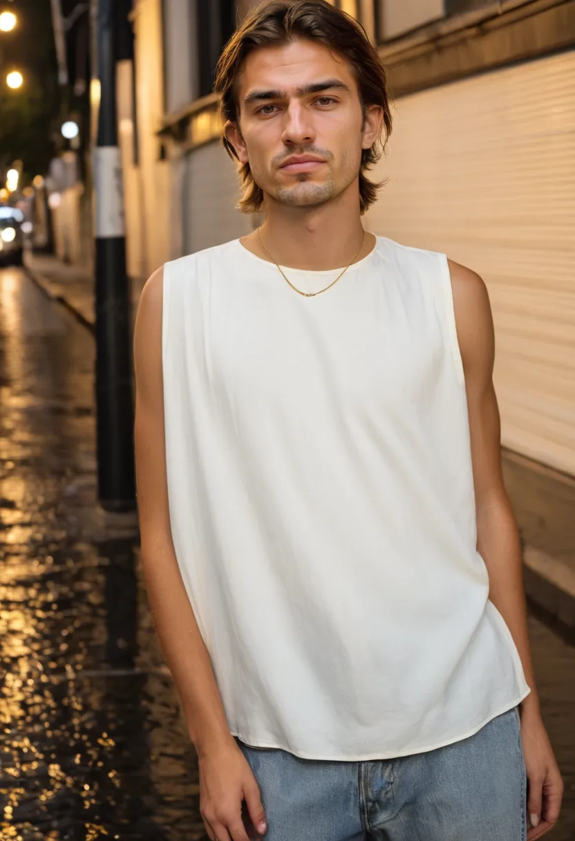 Boy wearing simple ivory blouse with thin gold necklace at the collar in minimal styling