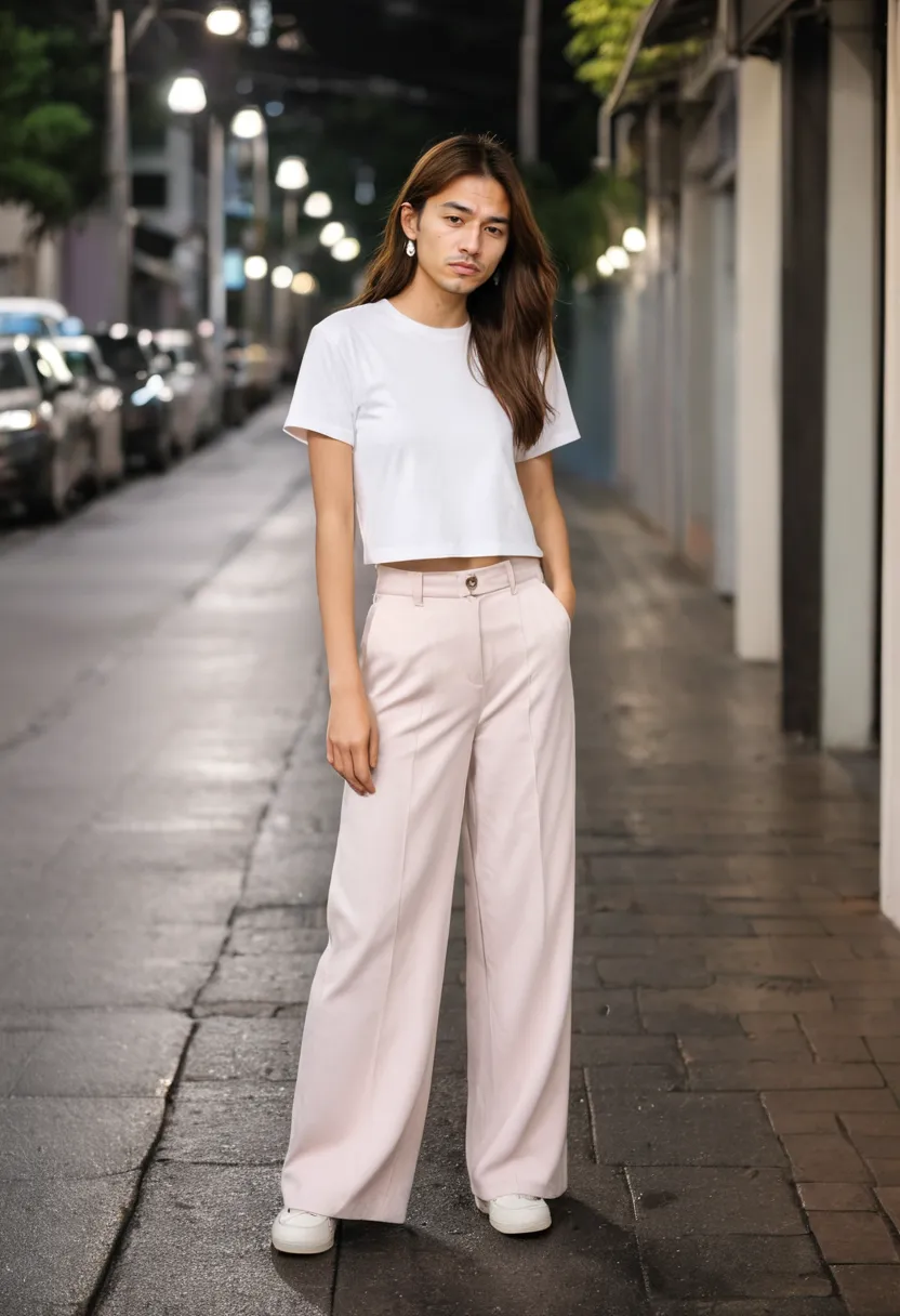 Korean soft man key pieces featuring pink trousers and fitted white top
