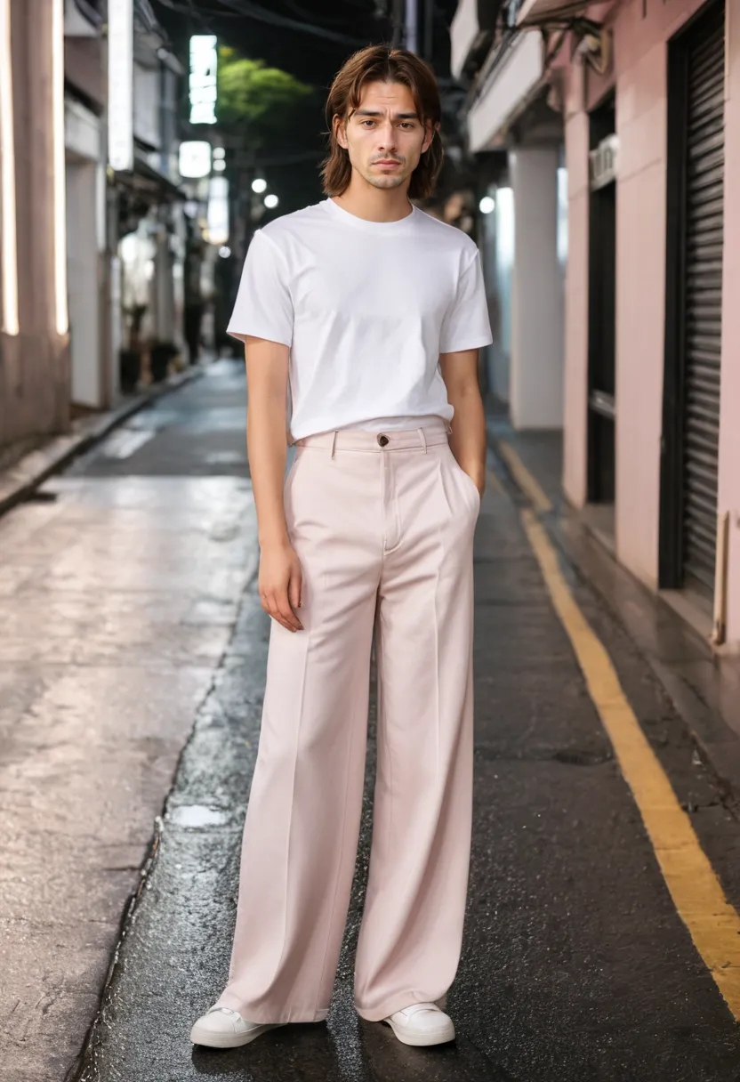 Man wearing soft pink wide-leg trousers with a simple fitted white tee