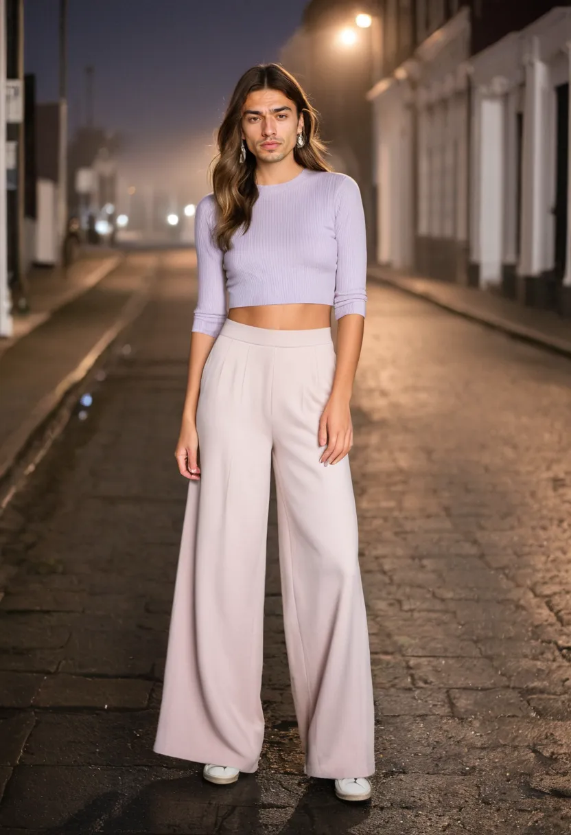 Boy wearing blush pink wide-leg trousers with pale lavender fitted knit top in soft tonal pastels