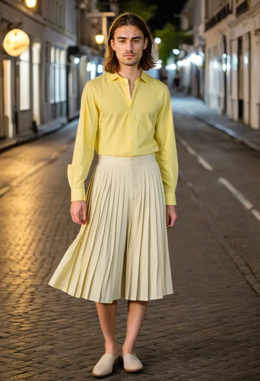 Pastel cotton blouse with pleated lemon yellow skirt in accessible soft aesthetic fabrics