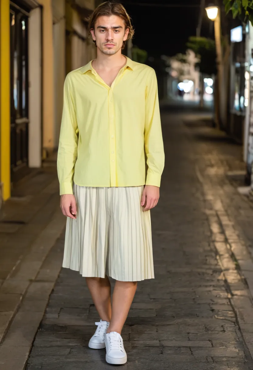 Man wearing pastel cotton blouse with lightweight pleated skirt in soft lemon yellow
