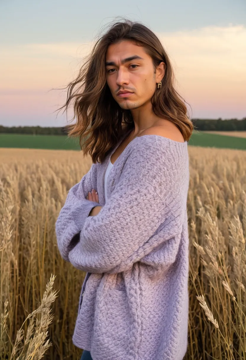 A man in a pale lavender chunky cardigan with dropped shoulders and relaxed fit, standing in warm sunset light.