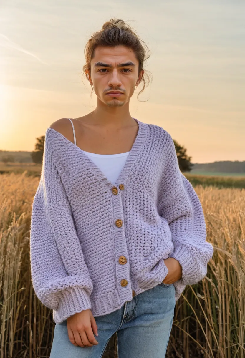 Close view of a chunky pale lavender knit cardigan with oversized silhouette and textured stitches, soft sunset lighting.