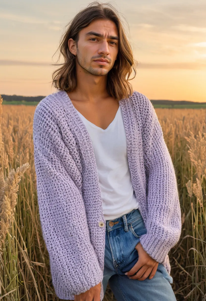 A man wearing a chunky-knit cardigan in pale lavender with dropped shoulders, wide sleeves, and a soft woolly texture, standing in a sunset field.