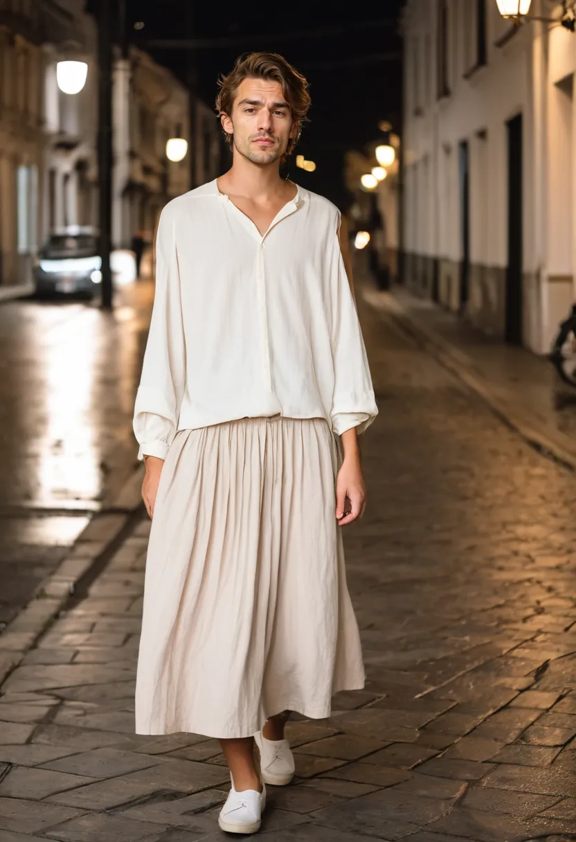 Soft casual outfit with cream blouse and blush midi skirt in clean simple fabrics