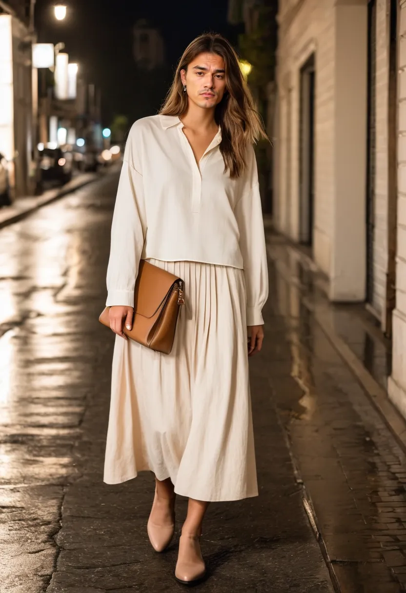 Boy wearing an oversized cream cotton blouse with a flowy pale blush midi skirt in neutral tones