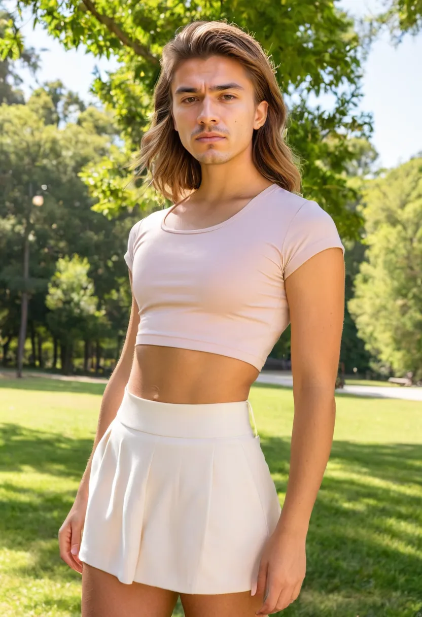 Man wearing a fitted blush crop top tucked into a high-waisted skirt with waistband visible
