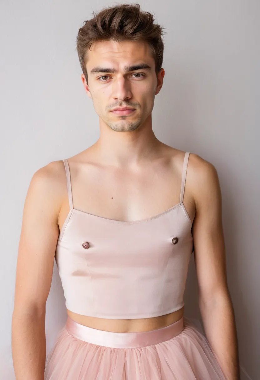 Close-up of pale rose tulle layers with satin waistband, soft dreamy fashion for boys in an ethereal holographic studio setting