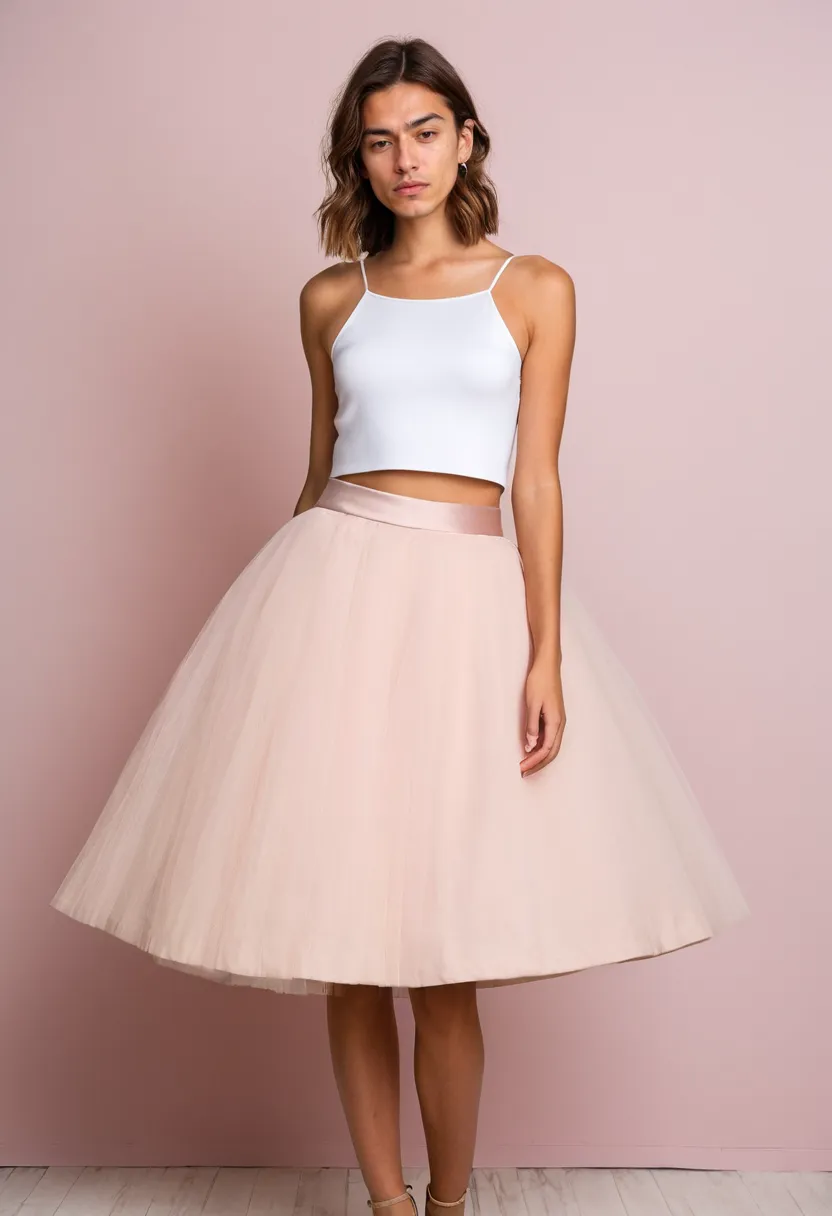 A boy wearing a dreamy tulle skirt in pale rose, layers of soft tulle creating airy dimensional volume with a smooth satin waistband, set against a neon noir studio with holographic accents