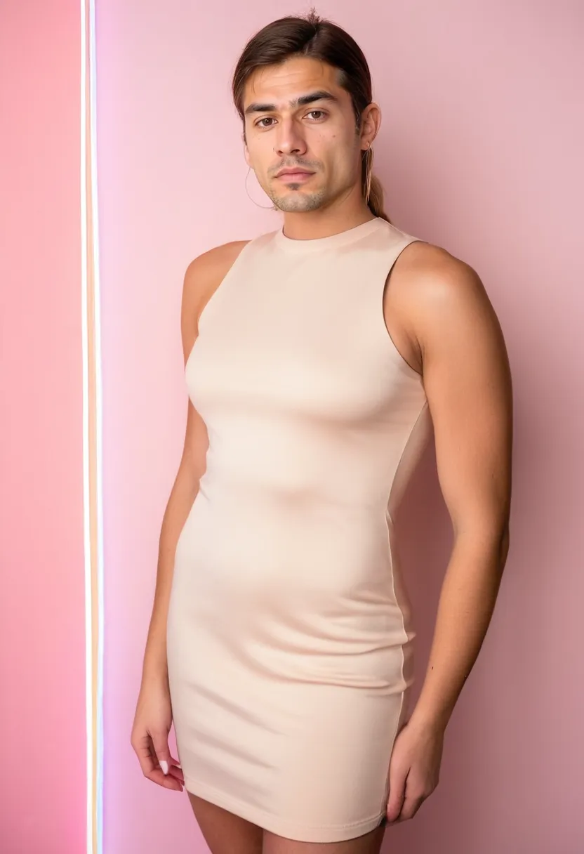 Man in a clean pale blush fitted dress in smooth fabric, ideal for documenting feminine style evolution
